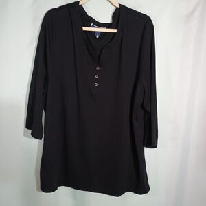 Black Henley Tunic Top Women 3/4 Sleeve Button Neck Casual Loose Fit